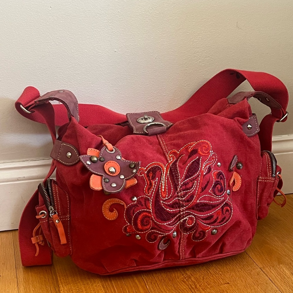 Oilily Red Canvas Shoulder Bag with Floral embroidered Embellishments